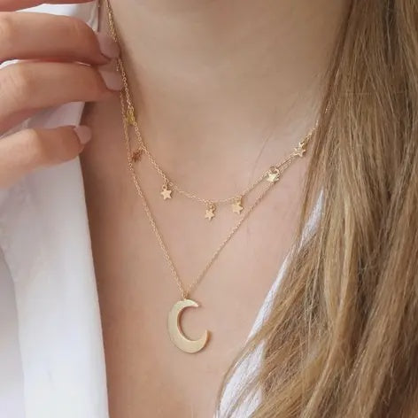 Gold Double Layer Stars and Moon Necklace