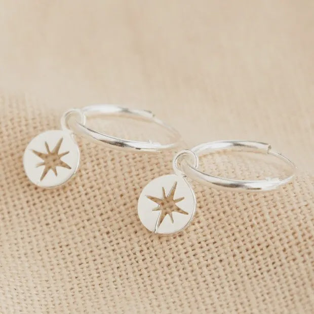 sterling Silver Tiny Shooting Star Disc Hoop Earrings